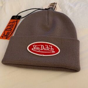 Von Dutch Gray Beanie with Red Oval Logo Patch
